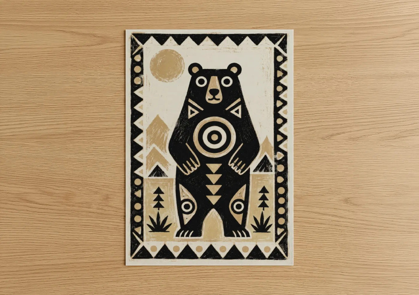 Art print on warm oak wood — black and white and beige palette — Geometric Bear Folk Art Wall Art poster