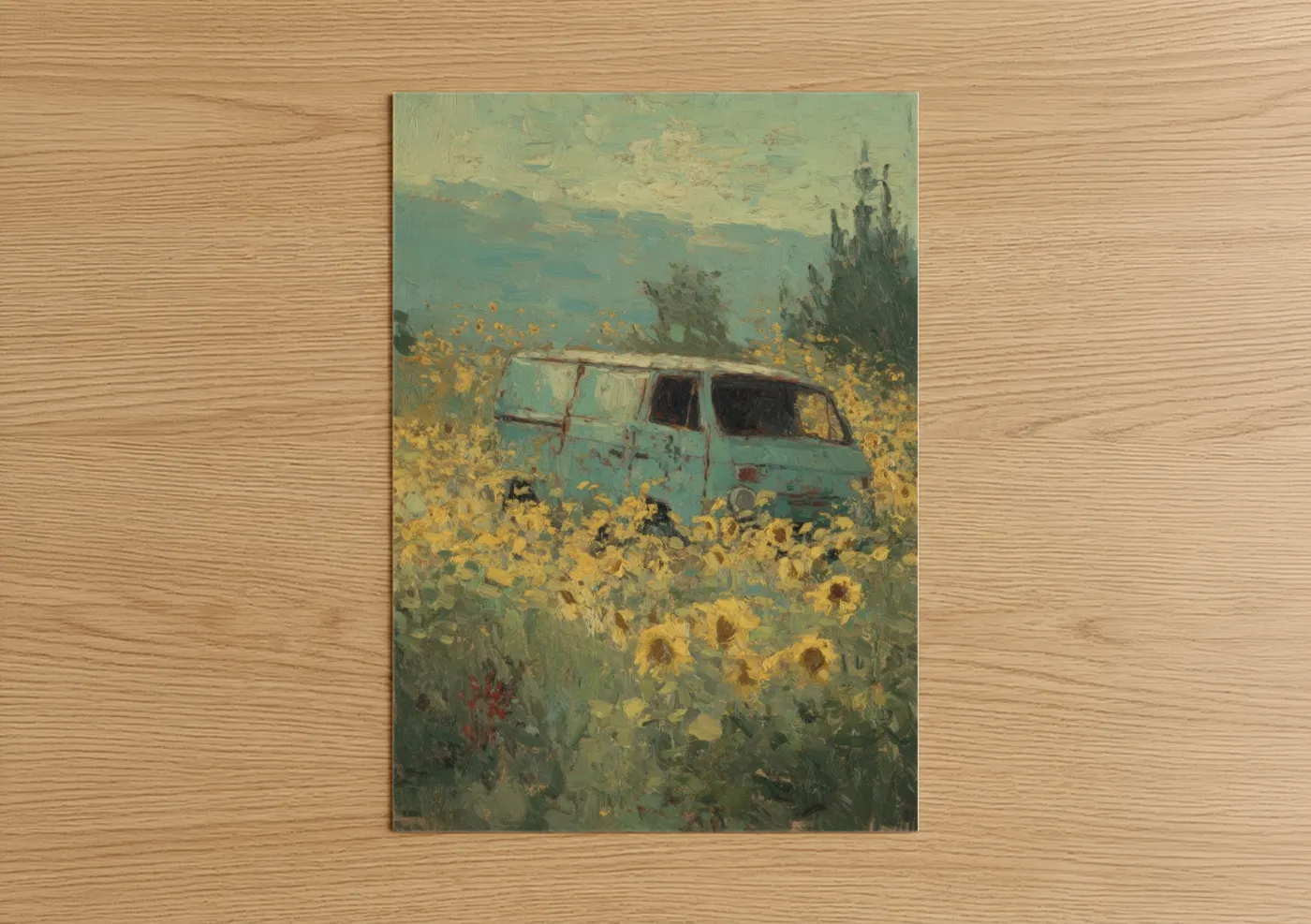 Art print on warm oak wood — gold and teal palette — Vintage Van Sunflower Field poster