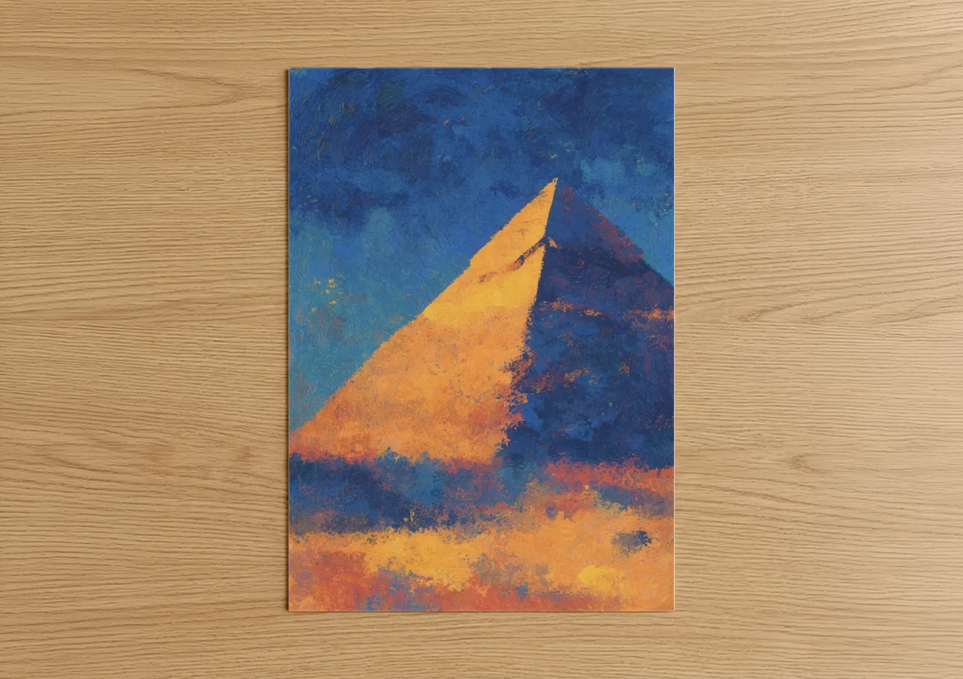 Great pyramid of giza art print on warm oak wood — blue and gold palette — Golden Pyramid poster