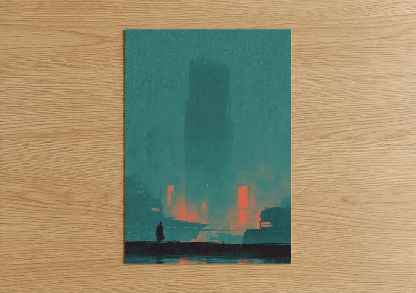 Rainy City Skyscraper Sunset Illustration Wall Art