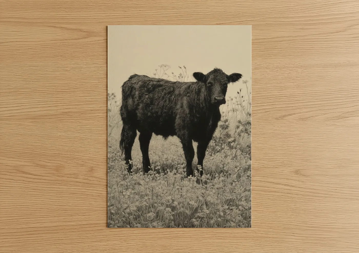Angus cow art print on warm oak wood — black and white and cream palette — Angus in Meadow poster