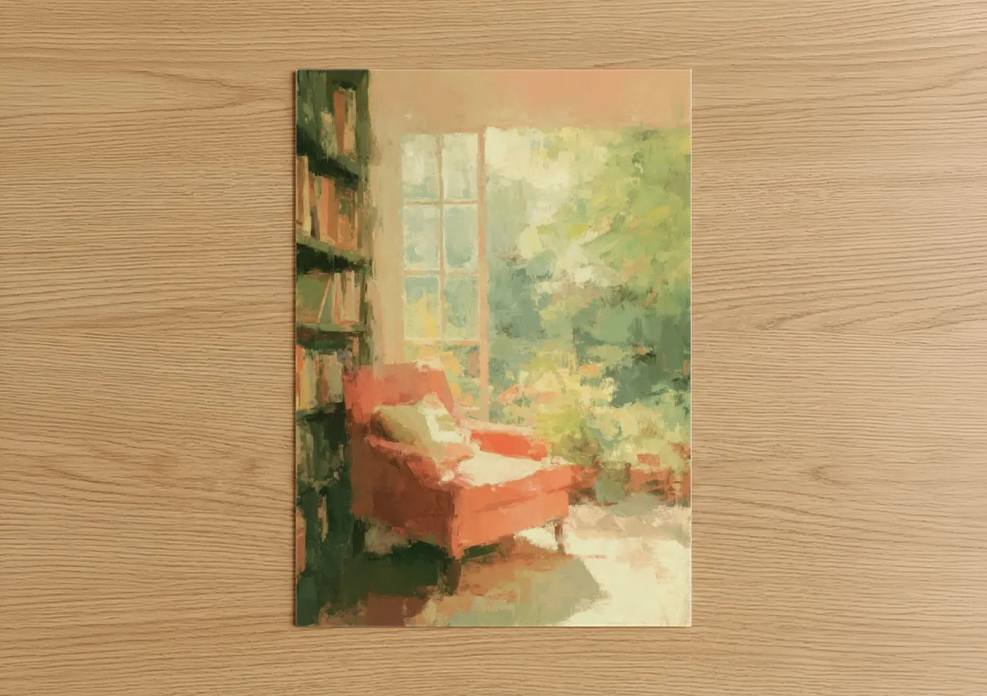 Art print on warm oak wood — peach and light green palette — Sunlit Library Corner poster