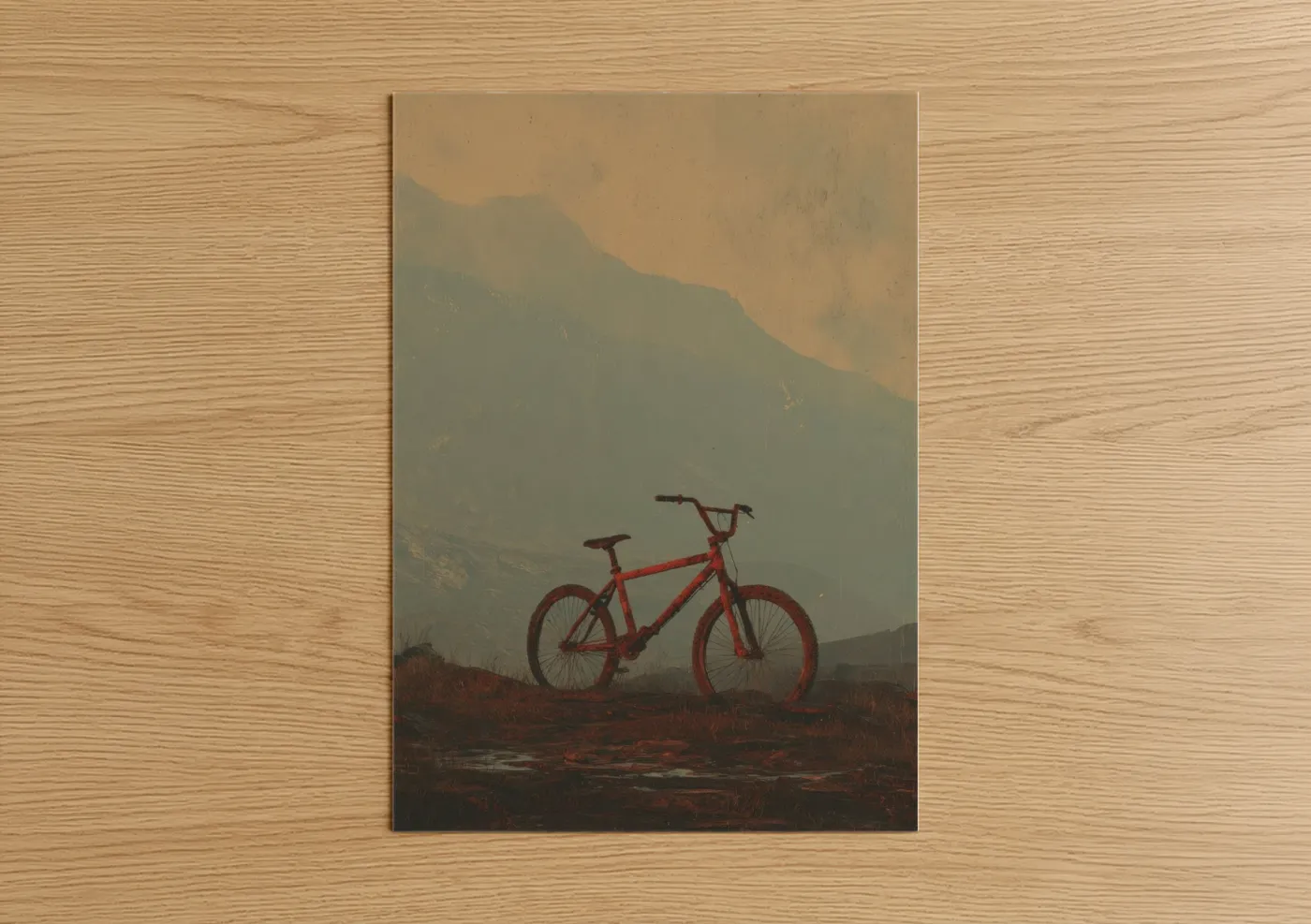 Urban bicycle art print on warm oak wood — russet and sage green palette — Red Bicycle Mountains poster