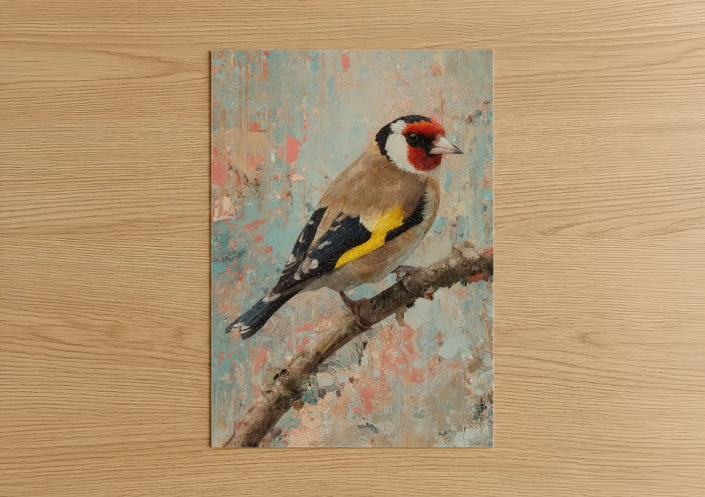 Art print on warm oak wood — teal and peach palette — Goldfinch Perch poster
