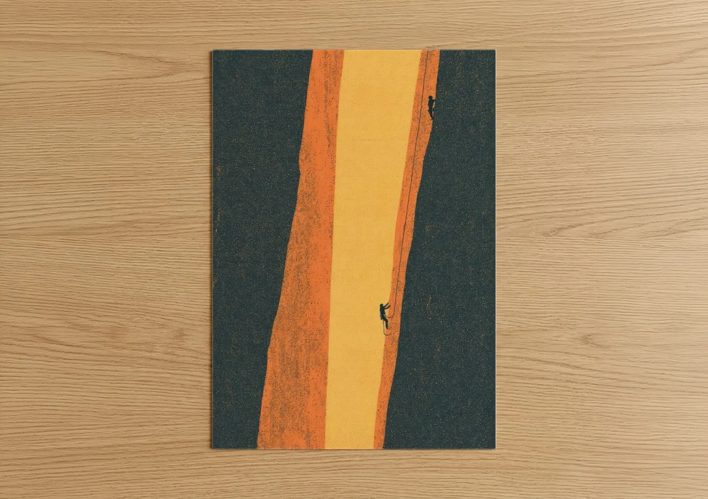 Rock climbing art print on warm oak wood — yellow gold and teal palette — Vertical Ascent poster