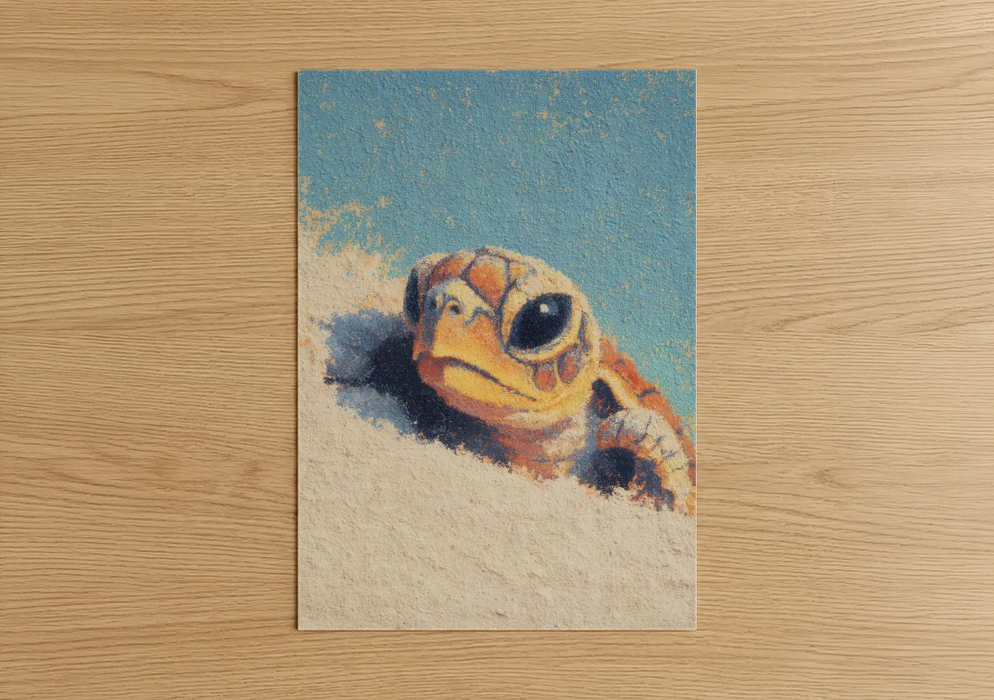 Art print on warm oak wood — blue and gold palette — Sandy Turtle poster