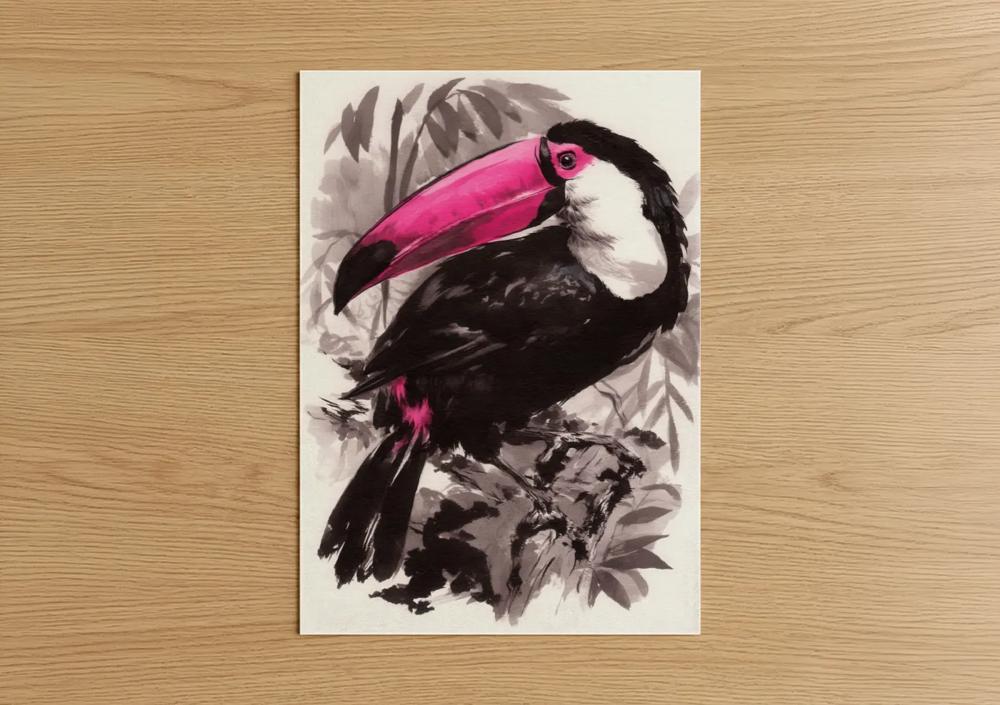 Art print on warm oak wood — magenta and black and white palette — Magenta Toucan poster