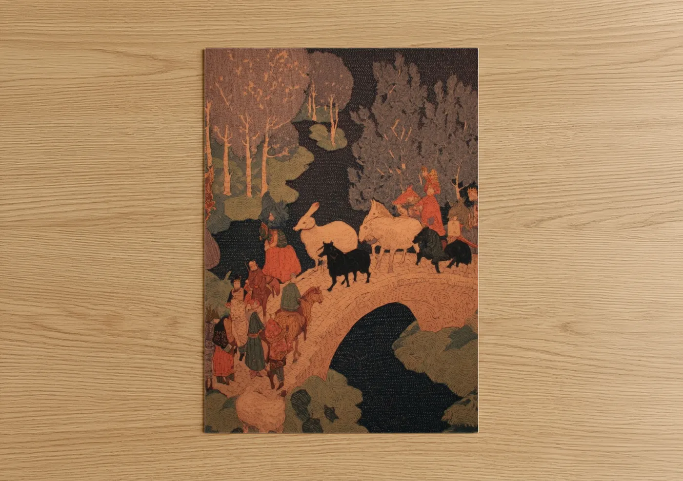 Fairytale art print on warm oak wood — gold palette — Enchanted Forest Procession poster