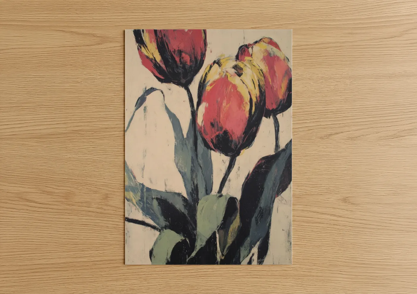 Art print on warm oak wood — red and gold palette — Crimson Tulip Study poster