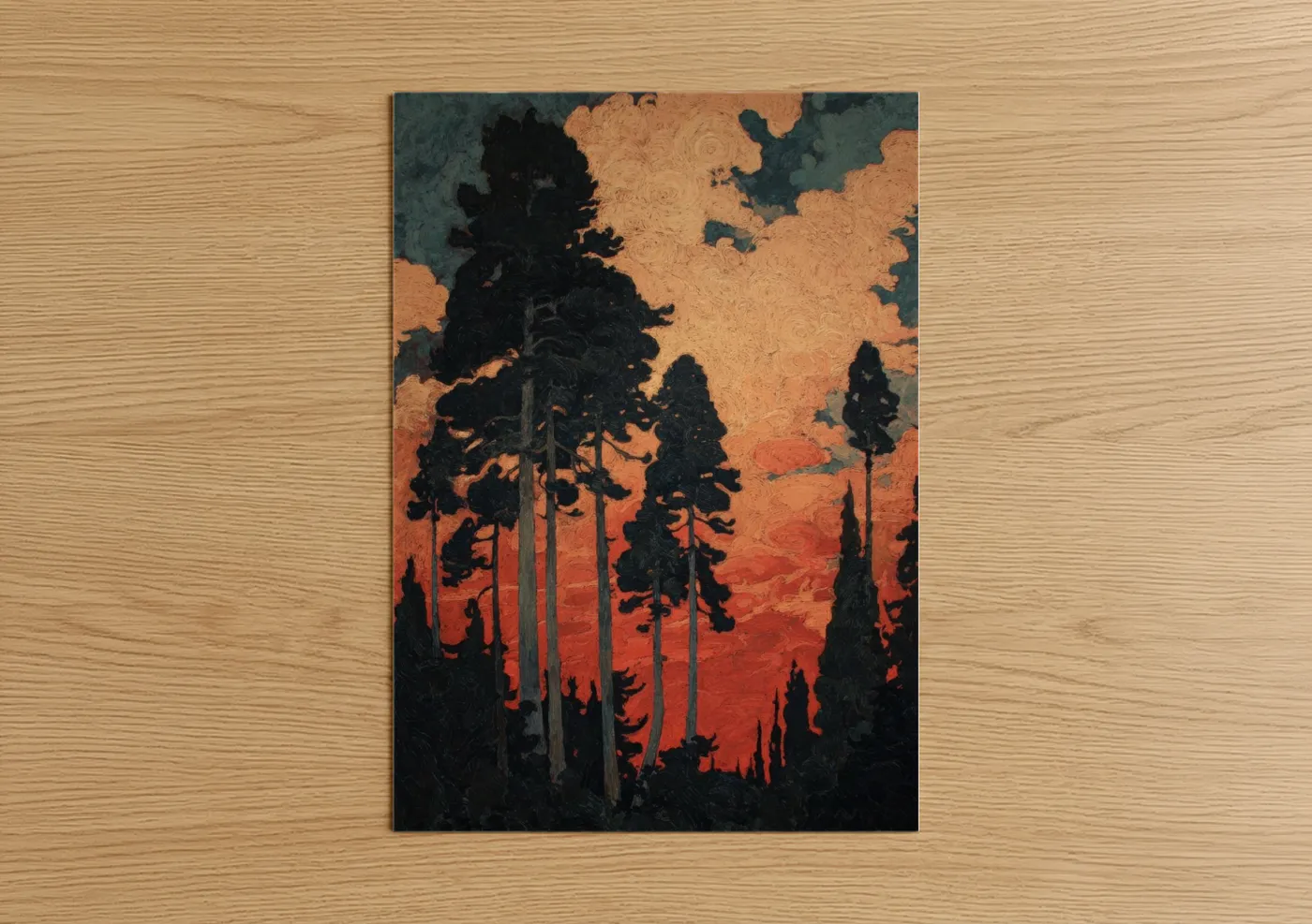 Crimson Cedar Forest Sunset Silhouette Wall Art