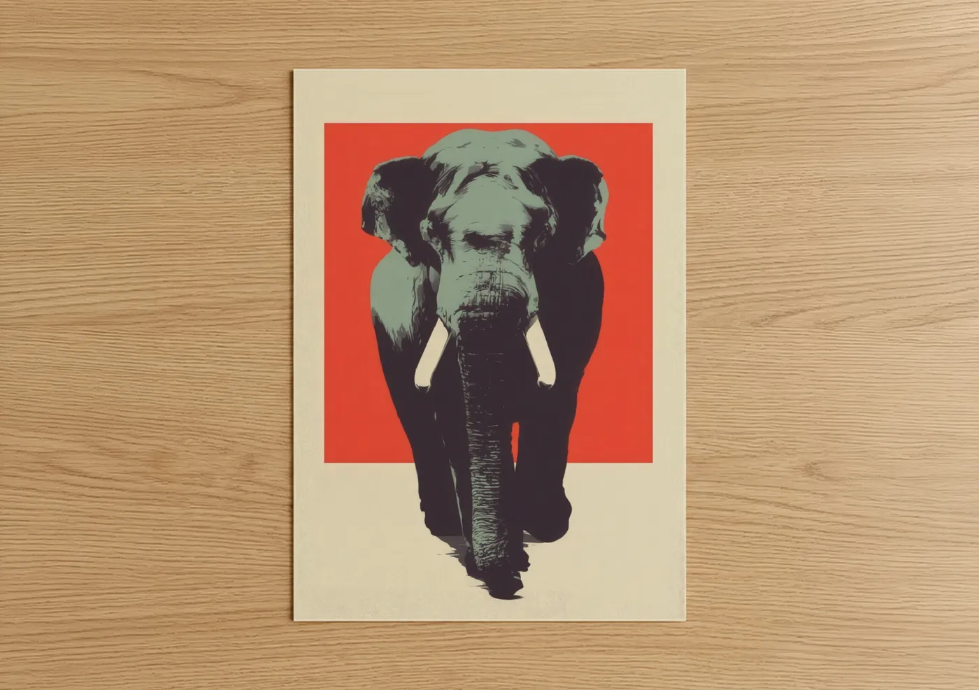 Asian elephant art print on warm oak wood — red and sage green palette — Crimson Elephant Portrait poster