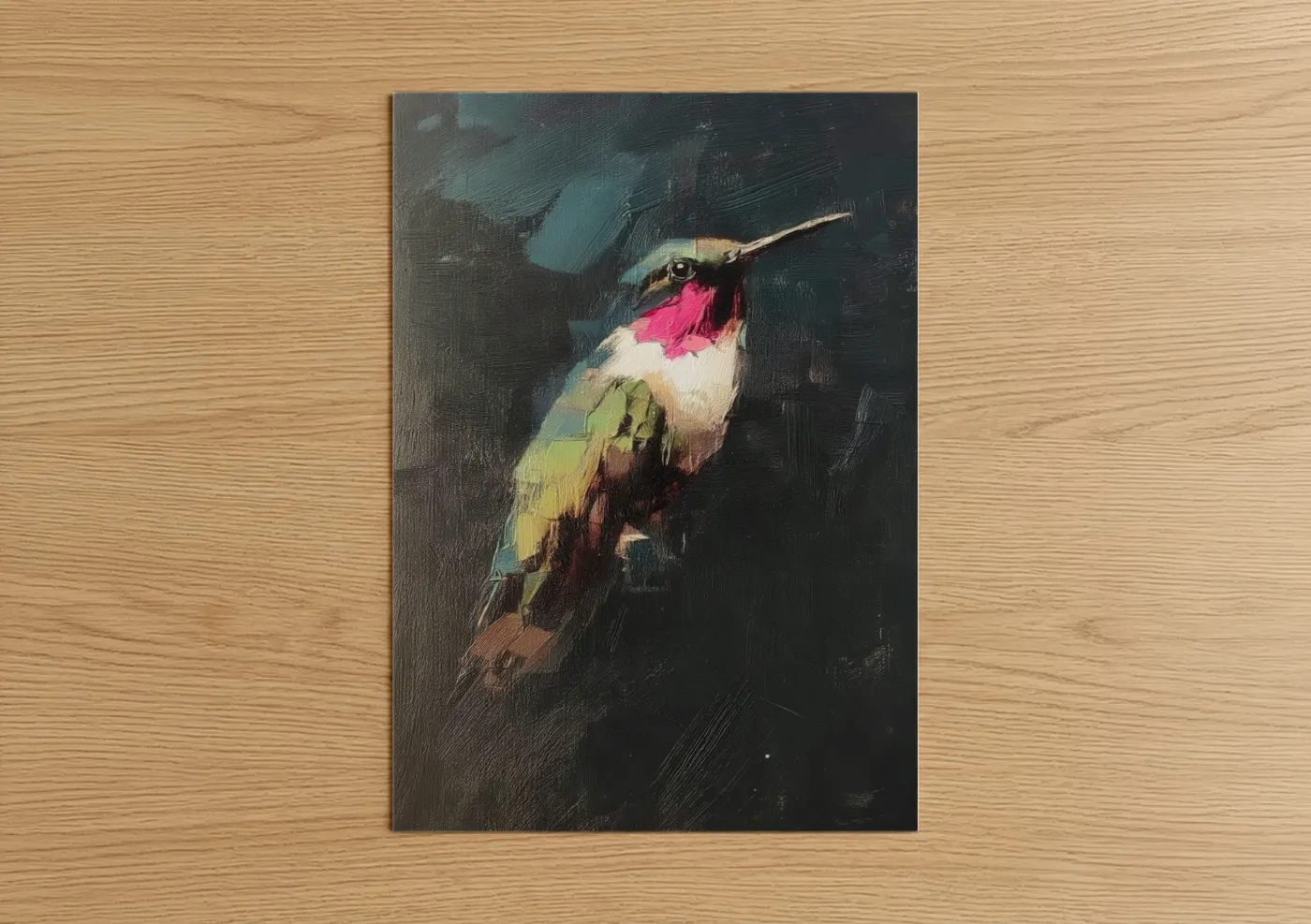 Art print on warm oak wood — magenta and dark green palette — Magenta Hummingbird poster