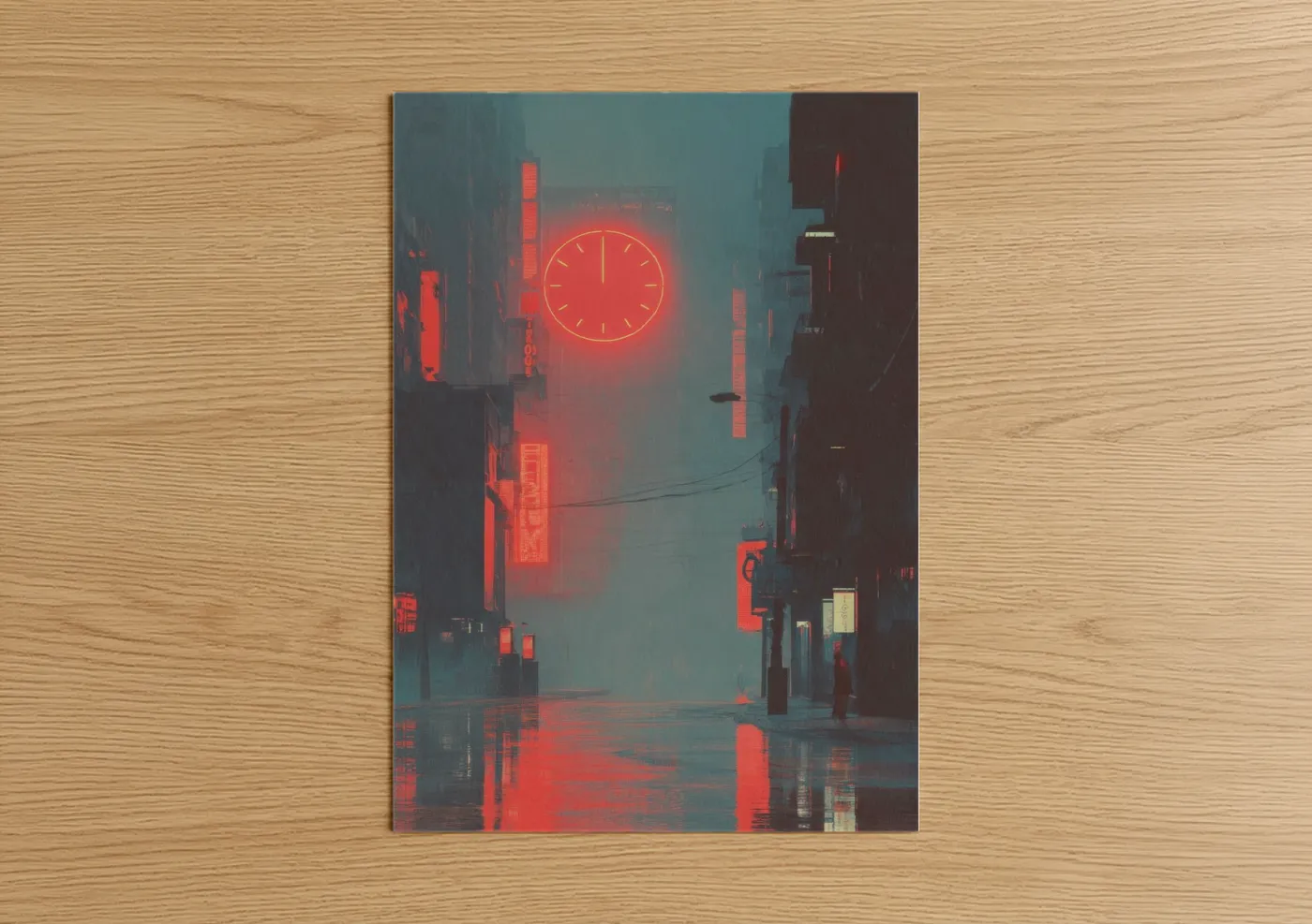 Neon Clock Cyberpunk City Street Wall Art