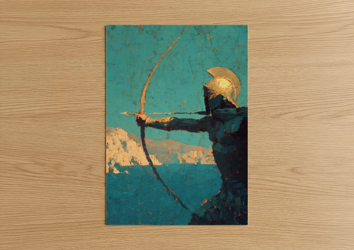 Archery art print on warm oak wood — turquoise and gold palette — Golden Archer poster