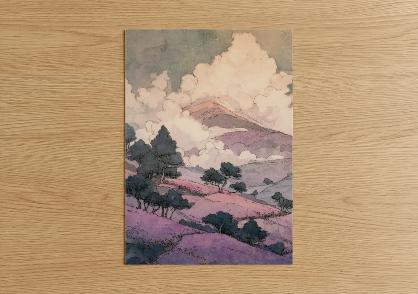 Lavender Field Mountain Watercolor Art Wall Art