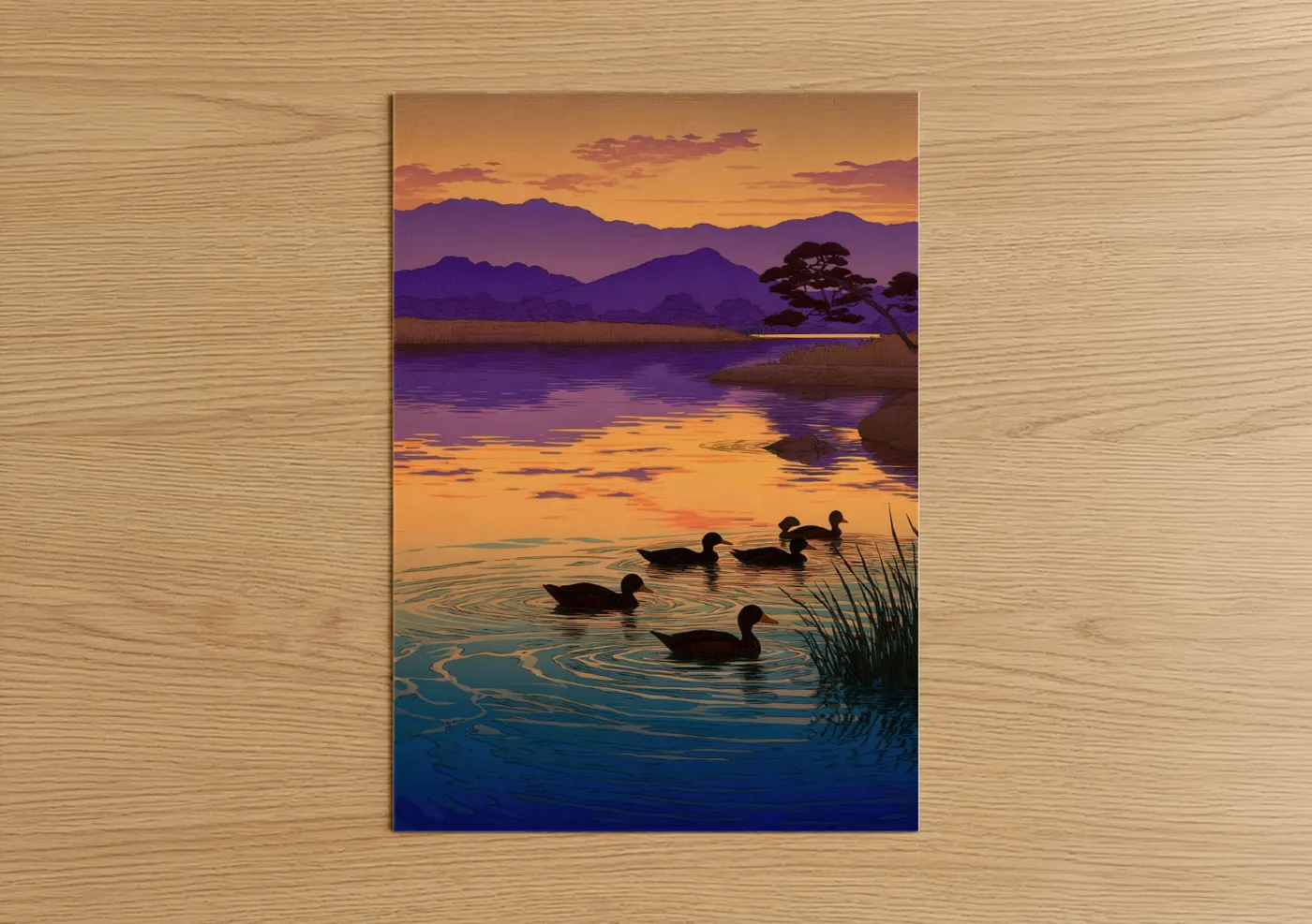 Golden Hour Ducks Sunset Lake Wall Art