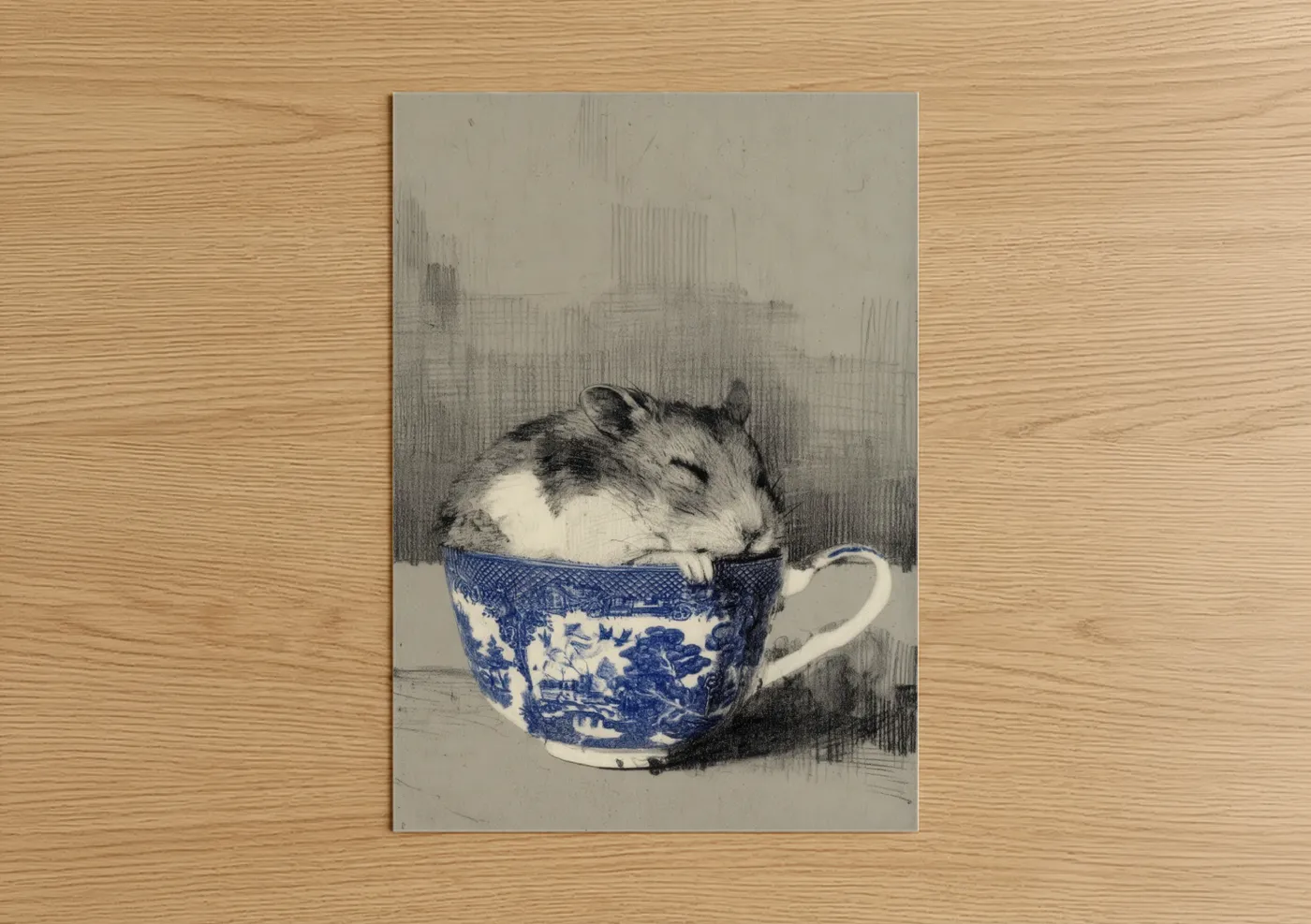 Sleeping Hamster in Blue Porcelain Teacup Wall Art
