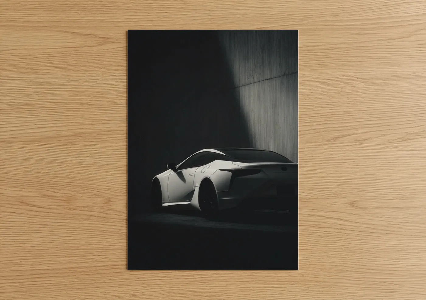 Art print on warm oak wood — black and white and gray palette — Minimalist Sports Car poster