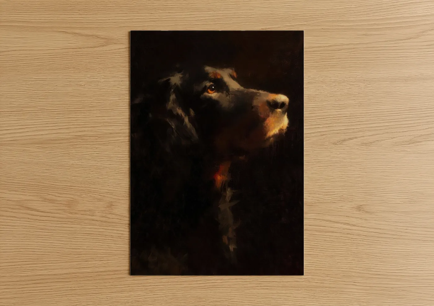 Art print on warm oak wood — black and gold palette — Noble Setter Portrait poster