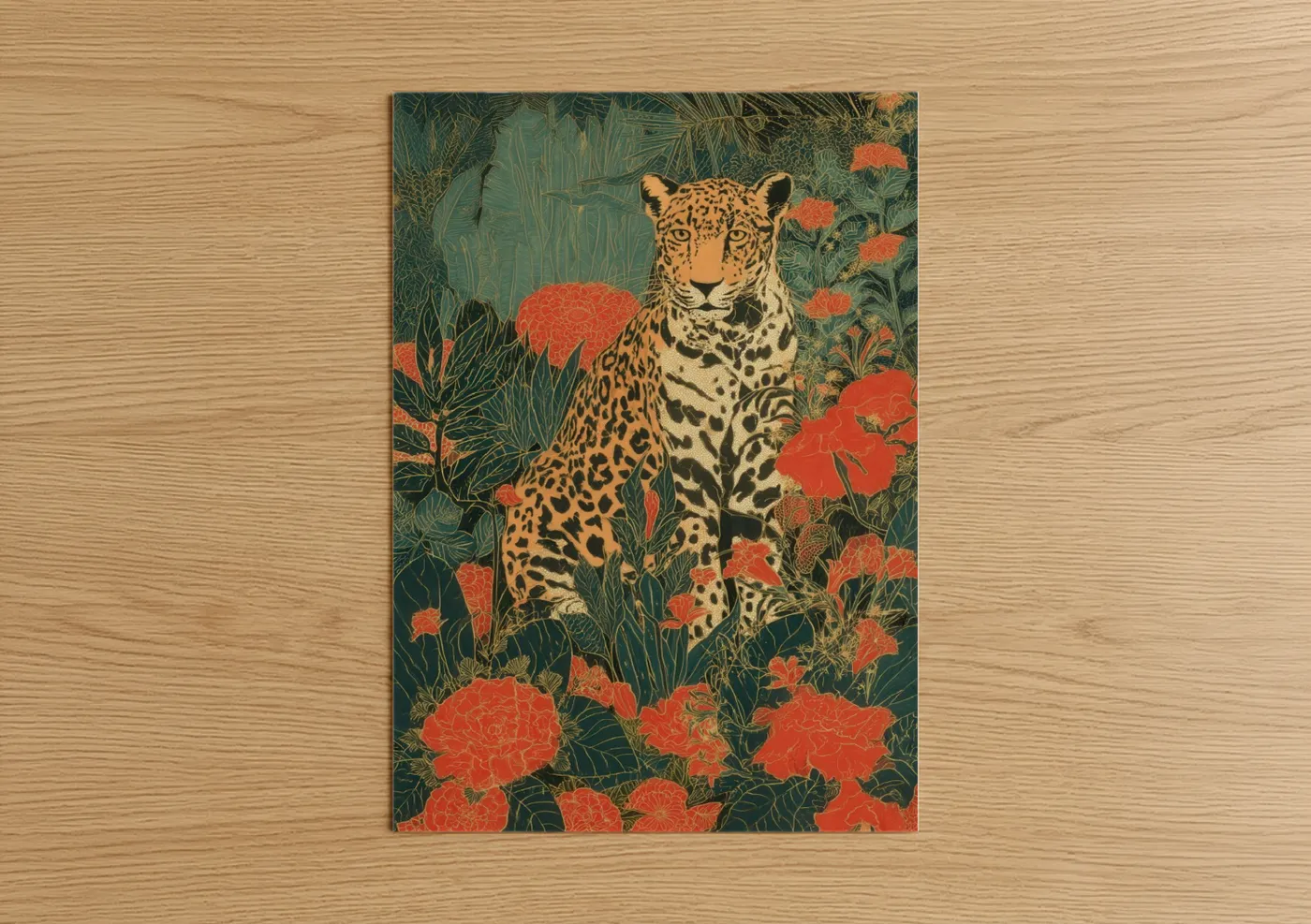 Art print on warm oak wood — gold and teal palette — Floral Jaguar poster