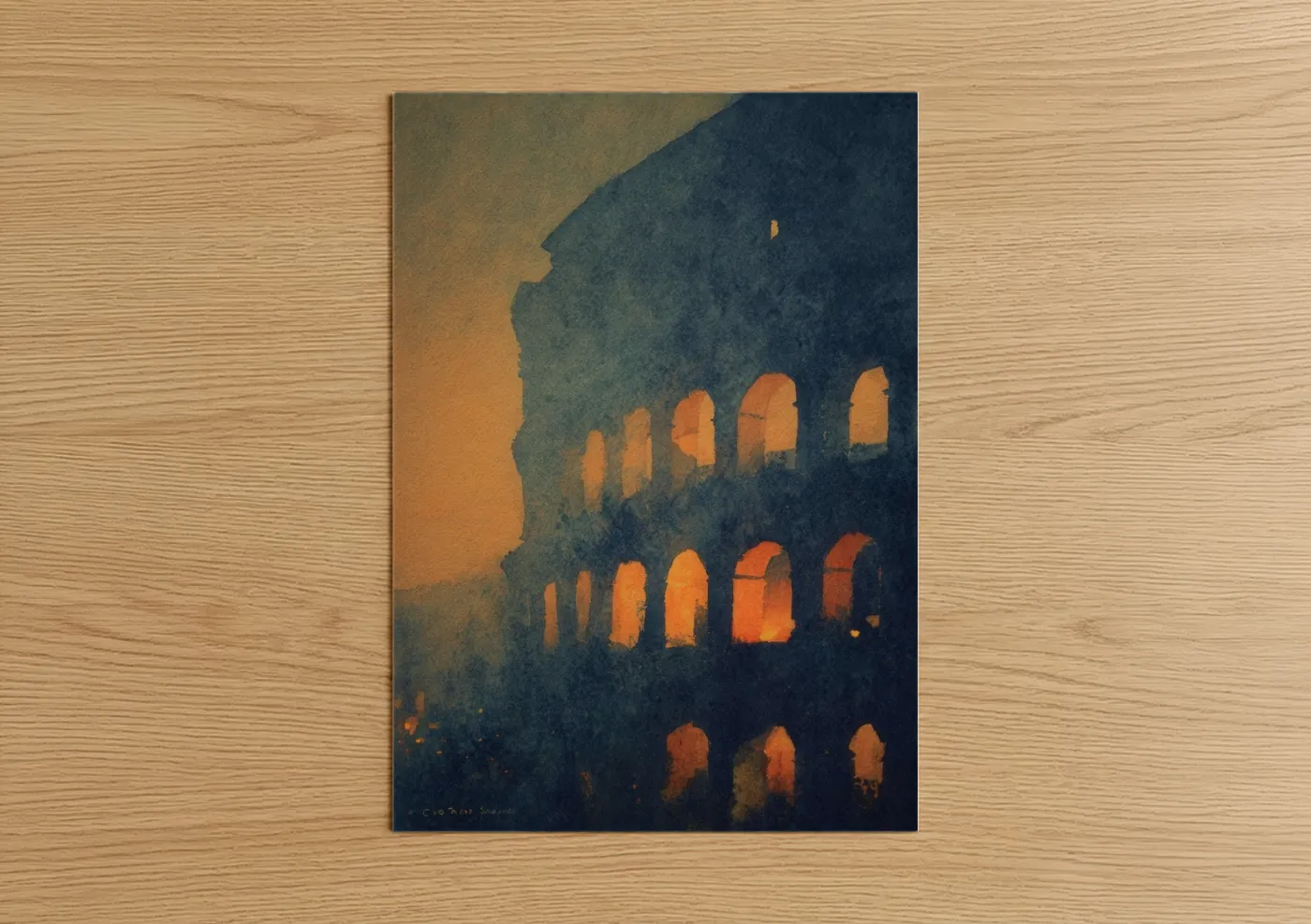 Art print on warm oak wood — gold and dark blue palette — Colosseum Dusk poster