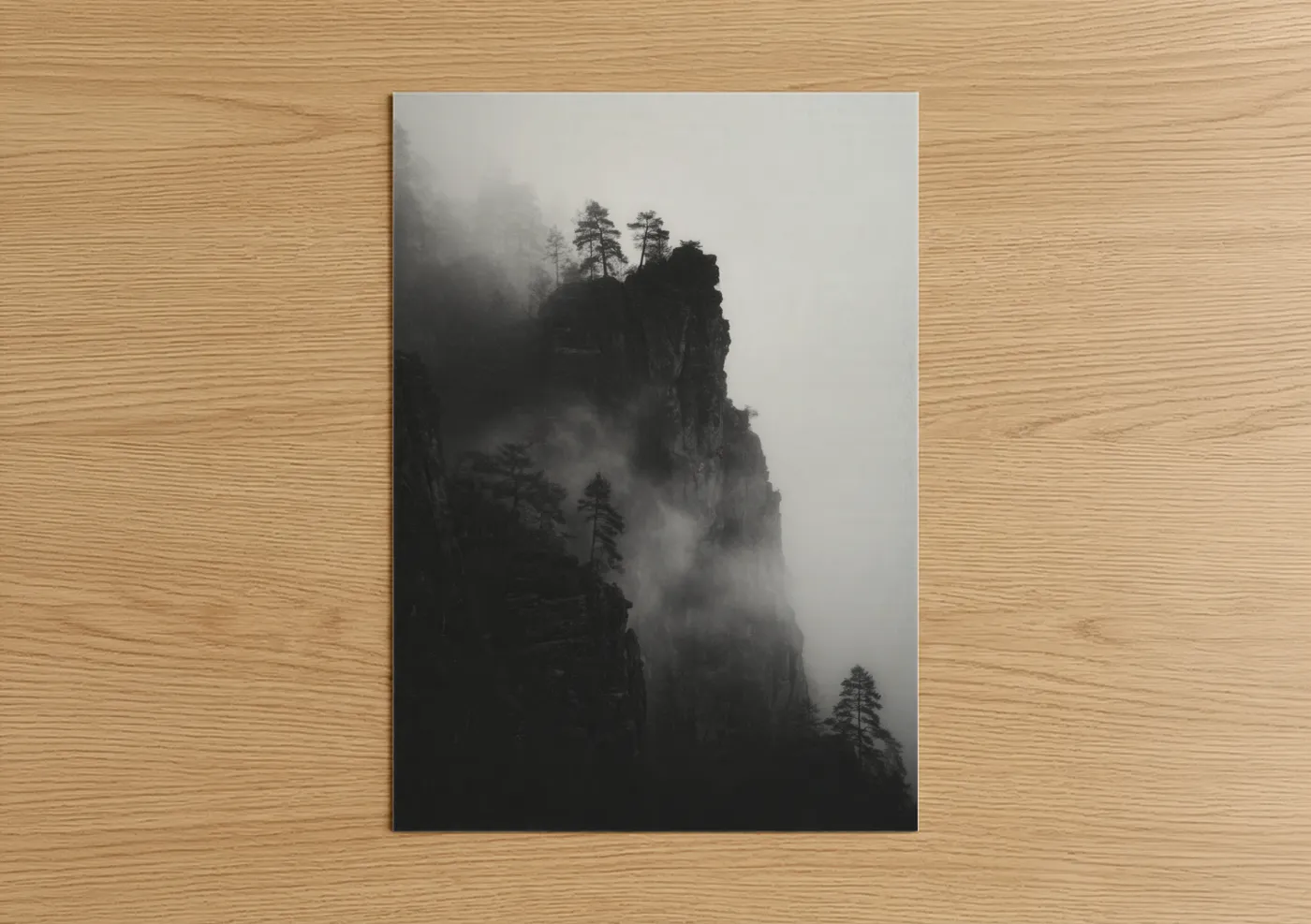 Misty Cliff Trees Black and White Wall Art