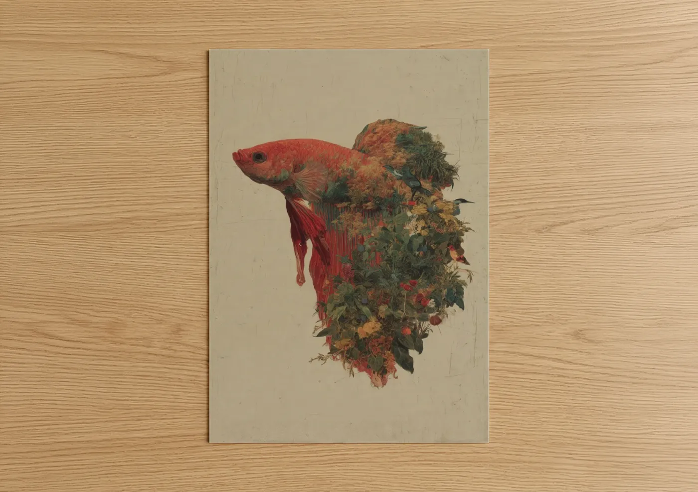 Betta fish art print on warm oak wood — red and dark green palette — Crimson Betta Bloom poster