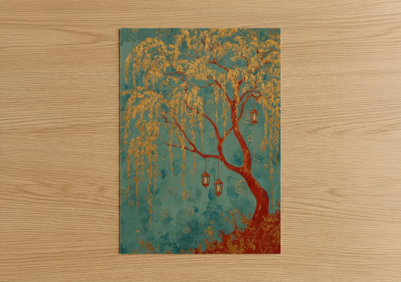 Red Willow Tree with Lanterns Illustration Wall Art