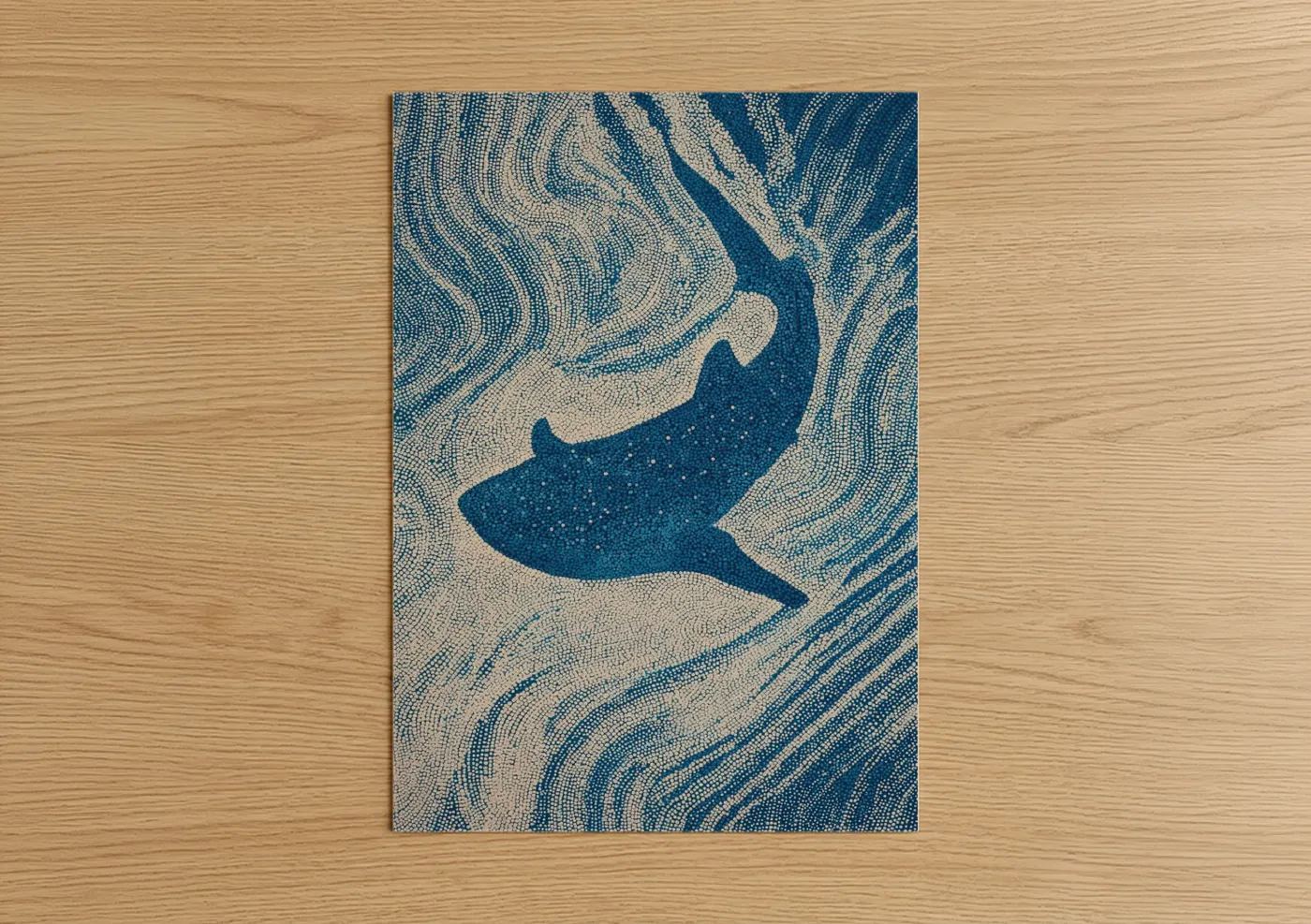 Art print on warm oak wood — blue and white and teal palette — Oceanic Whale Shark poster