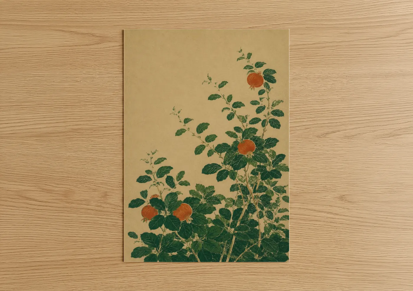 Fruit trees art print on warm oak wood — beige and true green palette — Japanese Persimmon Tree Wall Art poster