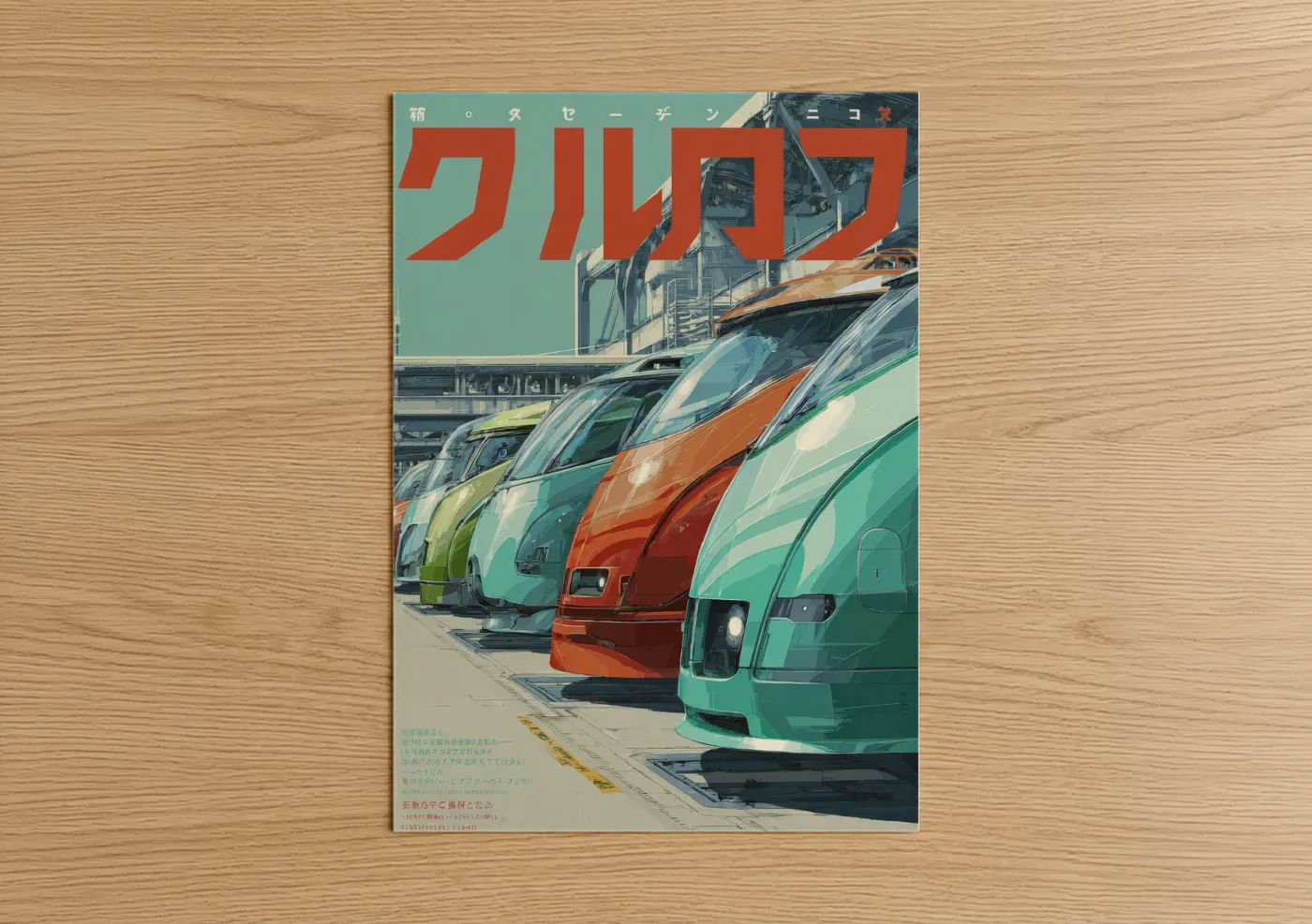 Japanese retrofuturism art print on warm oak wood — teal and red palette — Shinkansen Fleet poster