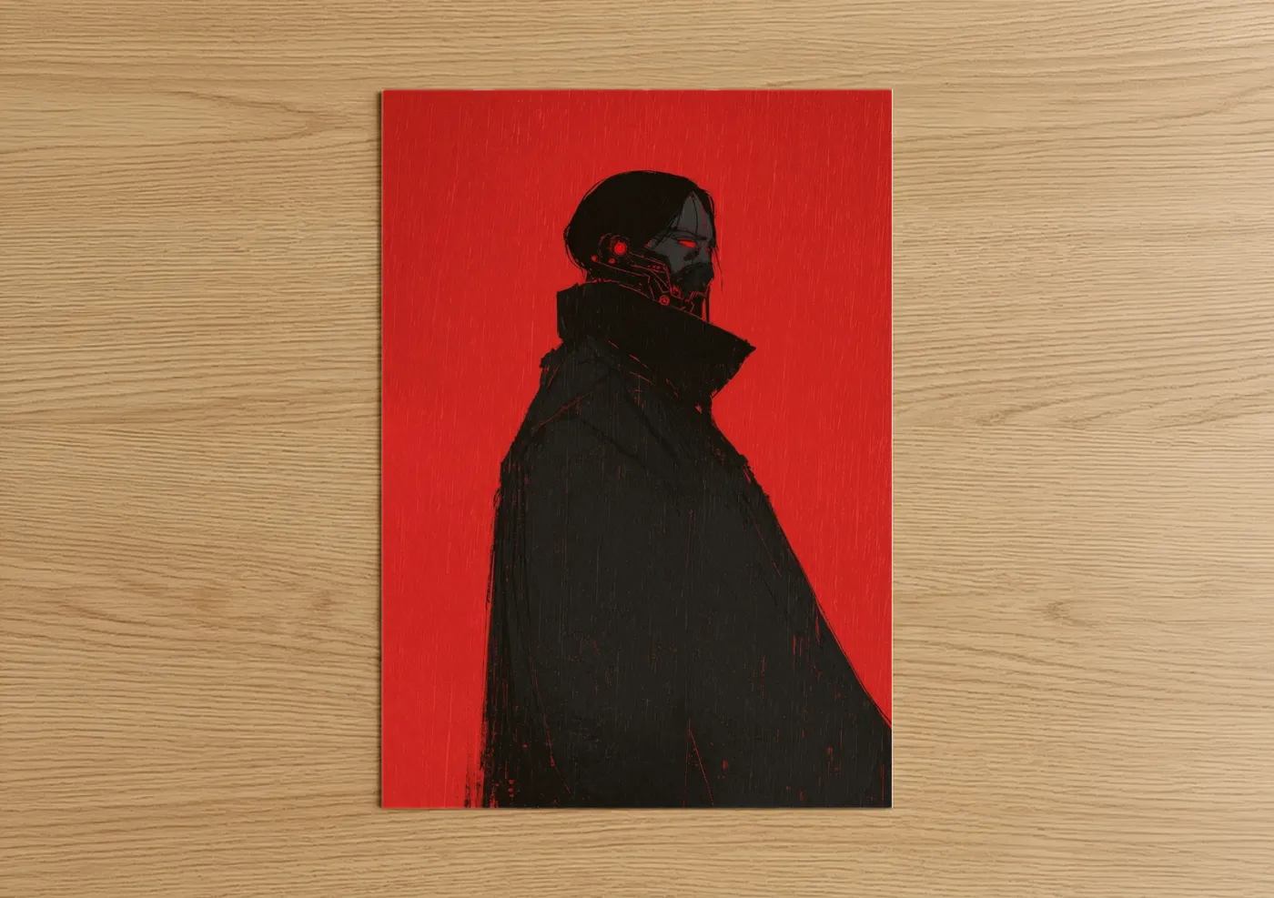 Art print on warm oak wood — red and black palette — Crimson Vampire poster