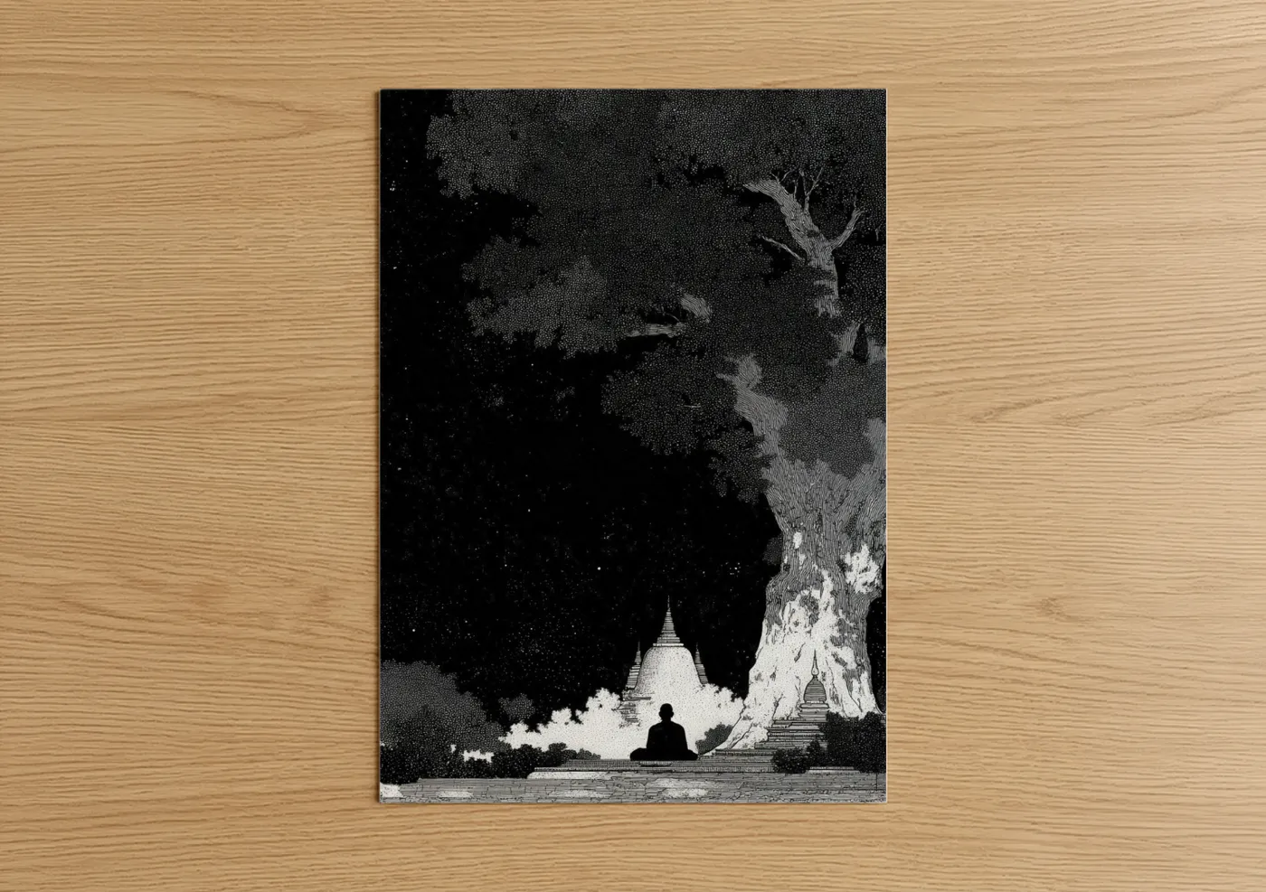 Moonlit Buddhist Meditation Temple Wall Art