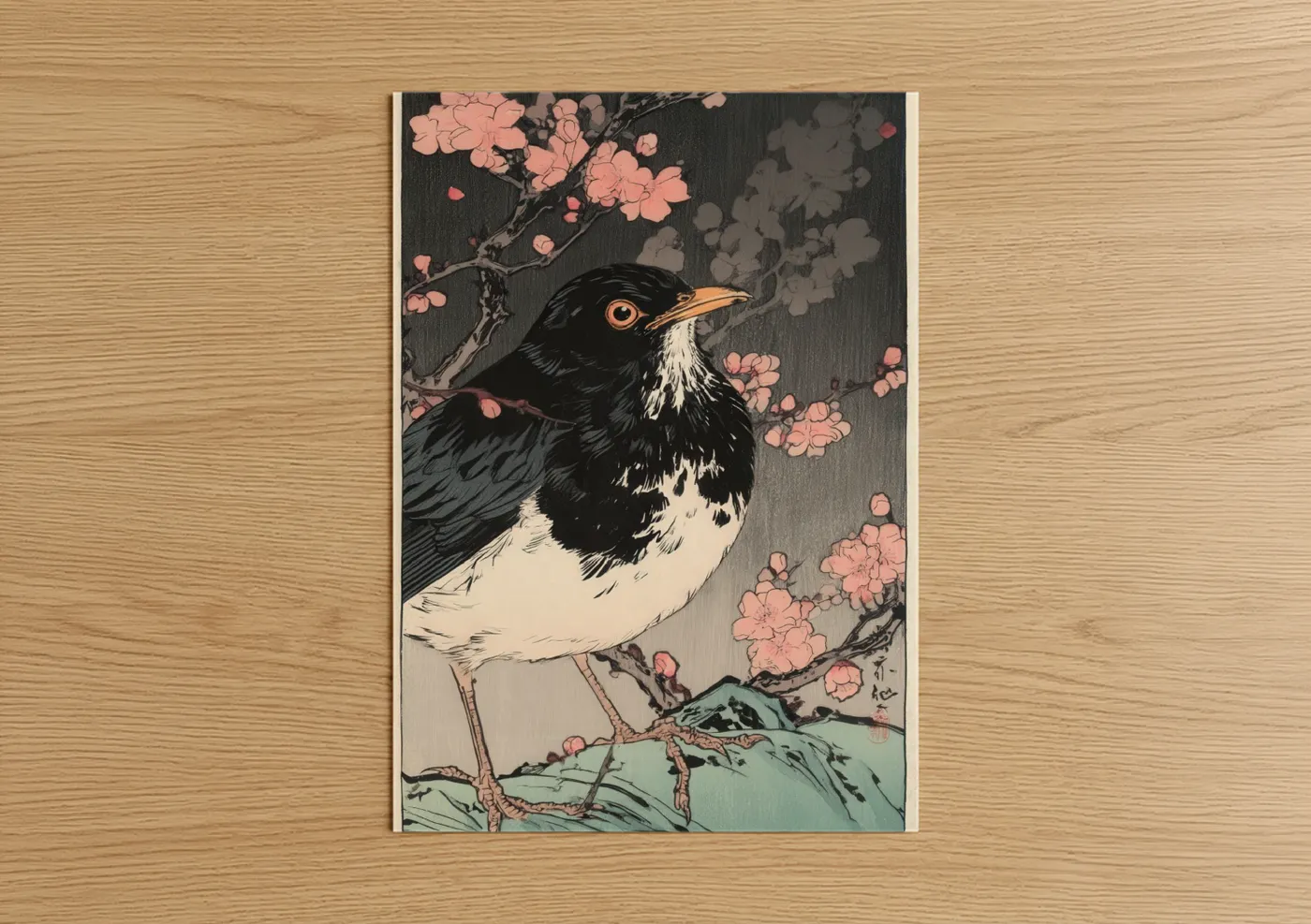 Black and White Thrush Cherry Blossom Wall Art