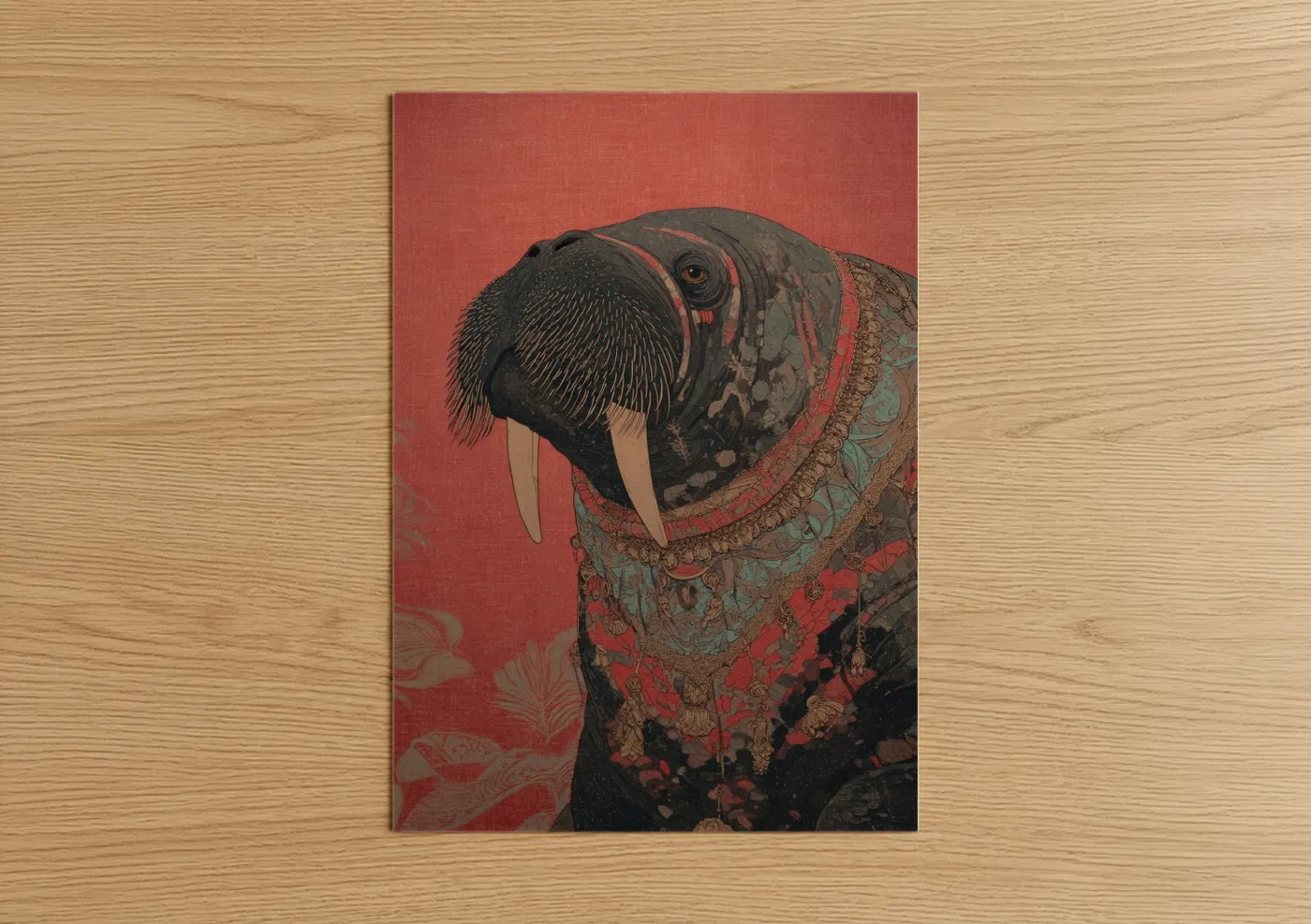 Crimson Walrus Asian Art Print Wall Art