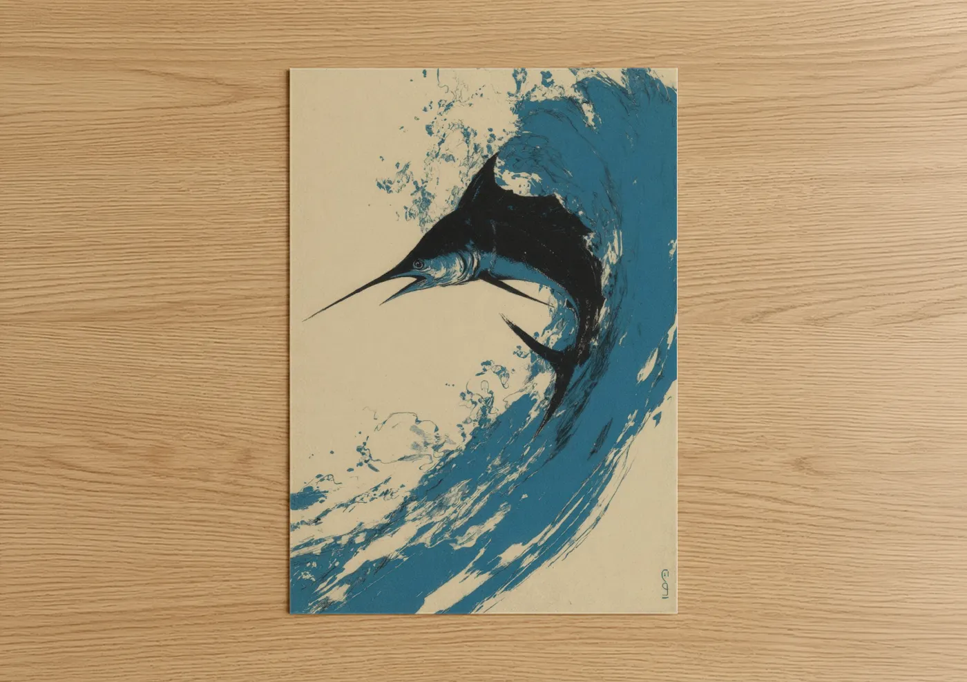 Art print on warm oak wood — dark blue and cream palette — Marlin Wave poster