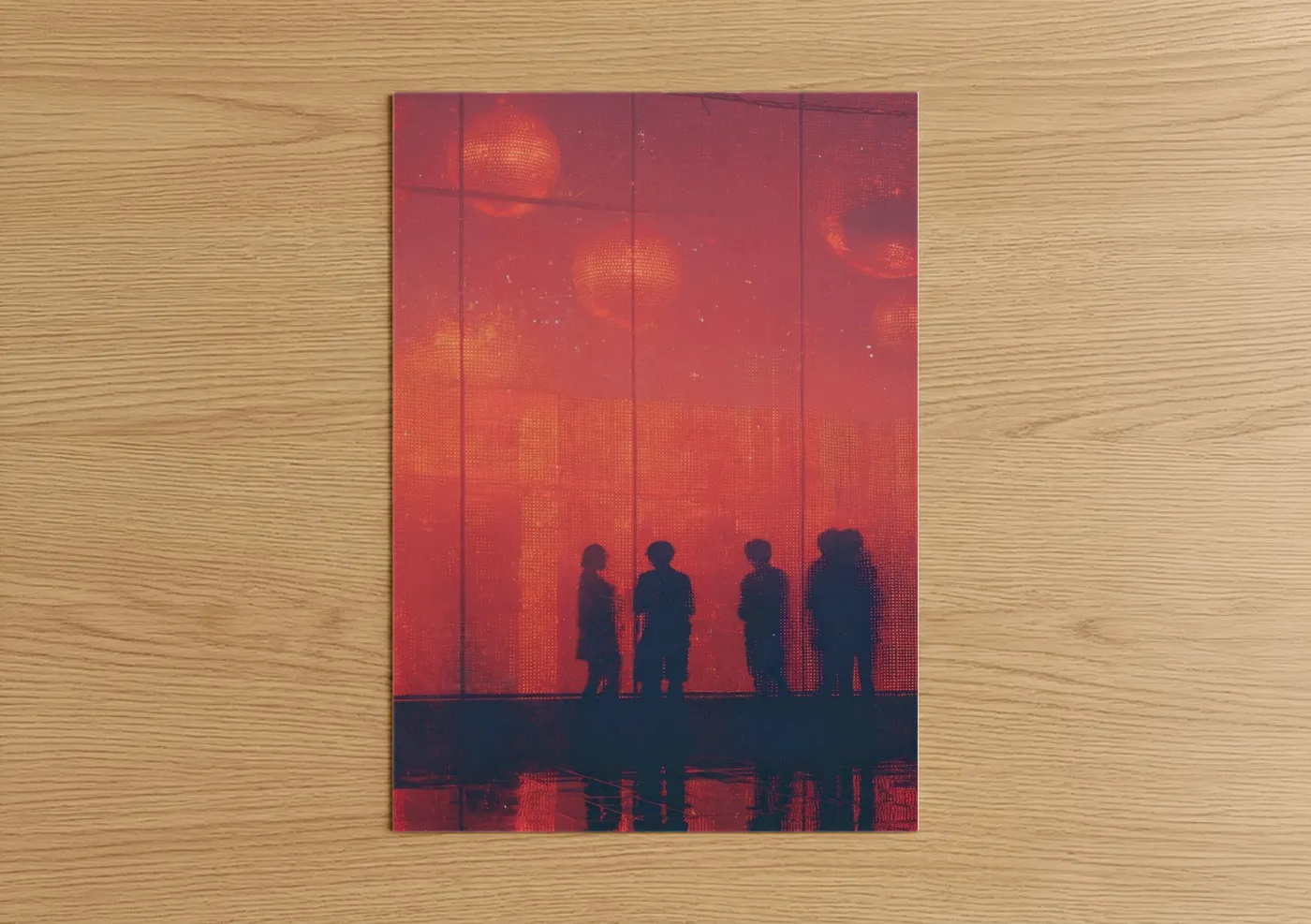 Art print on warm oak wood — red and gold palette — Disco Silhouettes poster
