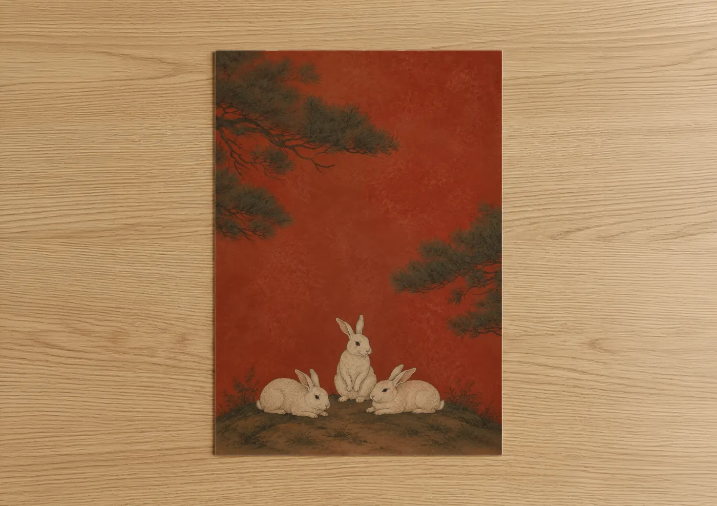 Art print on warm oak wood — red and beige palette — Japanese Rabbits Pine Tree Wall Art poster