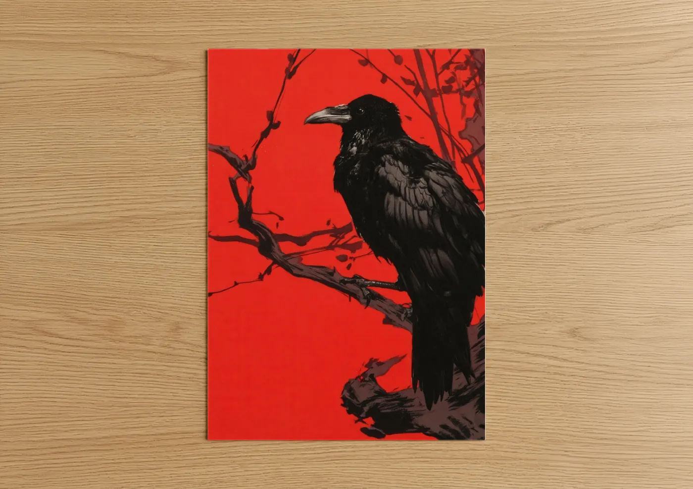 Crows and ravens art print on warm oak wood — red and black palette — Crimson Raven poster