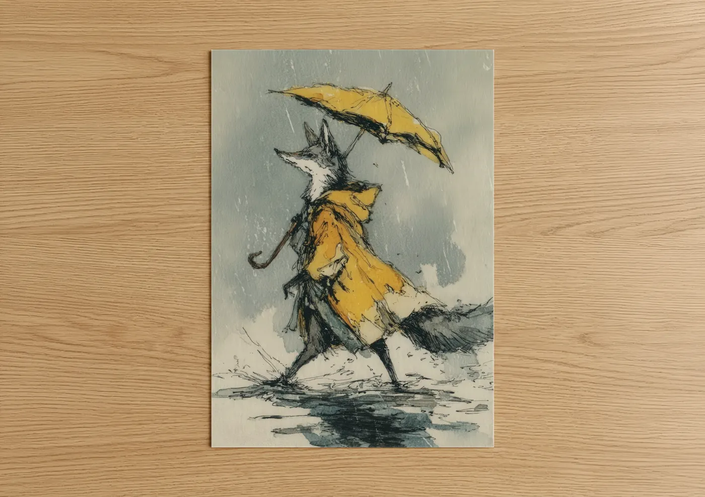 Art print on warm oak wood — yellow gold and gray palette — Rainy Day Fox poster
