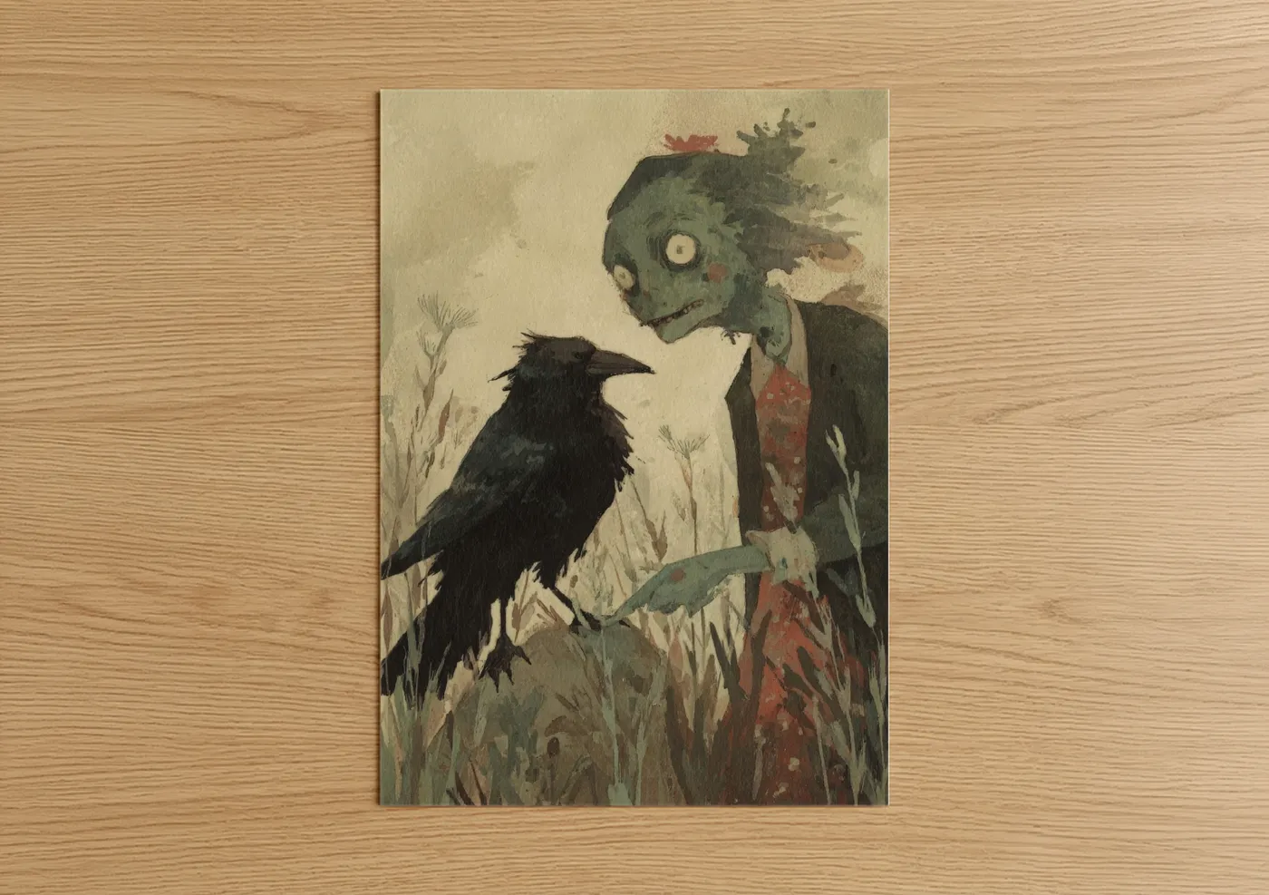Zombie Raven Gothic Watercolor Wall Art