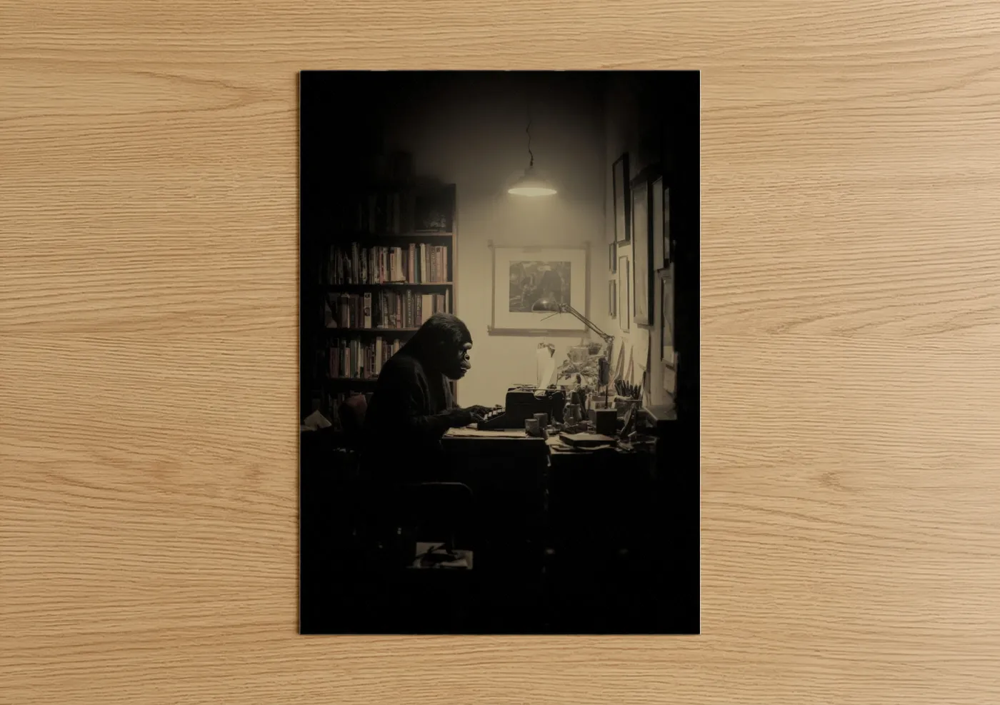 Art print on warm oak wood — black and white and nobel palette — Studious Gorilla poster