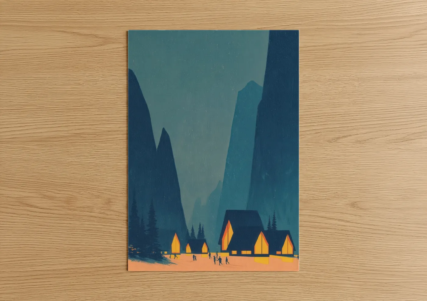 Skiing art print on warm oak wood — teal and gold palette — Mountain Ski Lodge poster