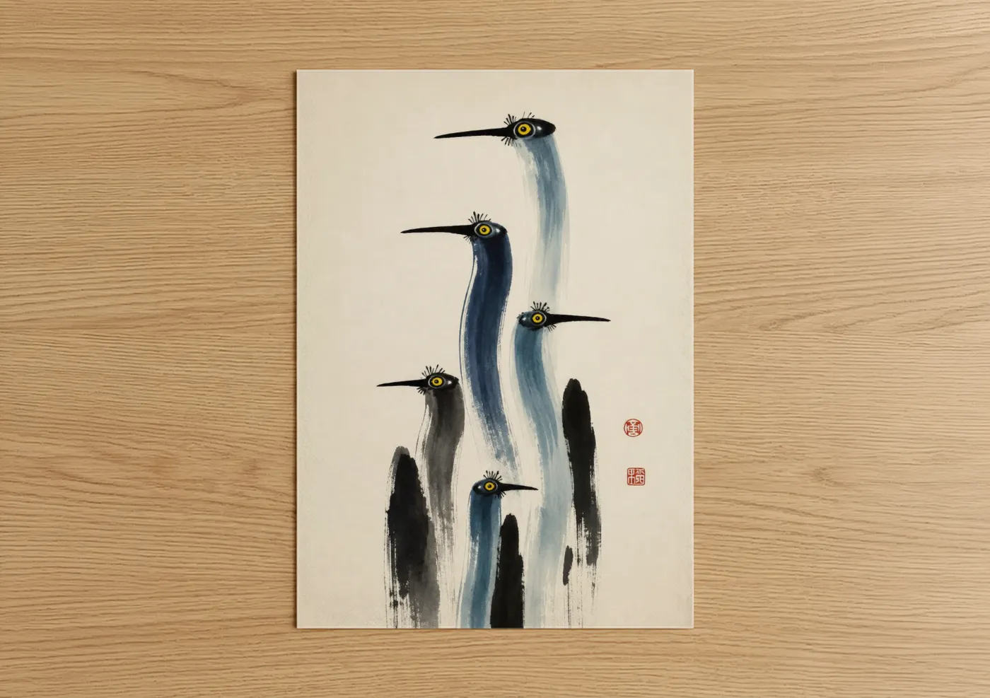 Art print on warm oak wood — blue and beige palette — Minimalist Blue Heron Wall Art poster