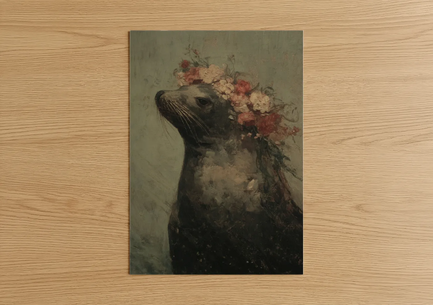 Sea Lion with Flowers Fine Wall Art