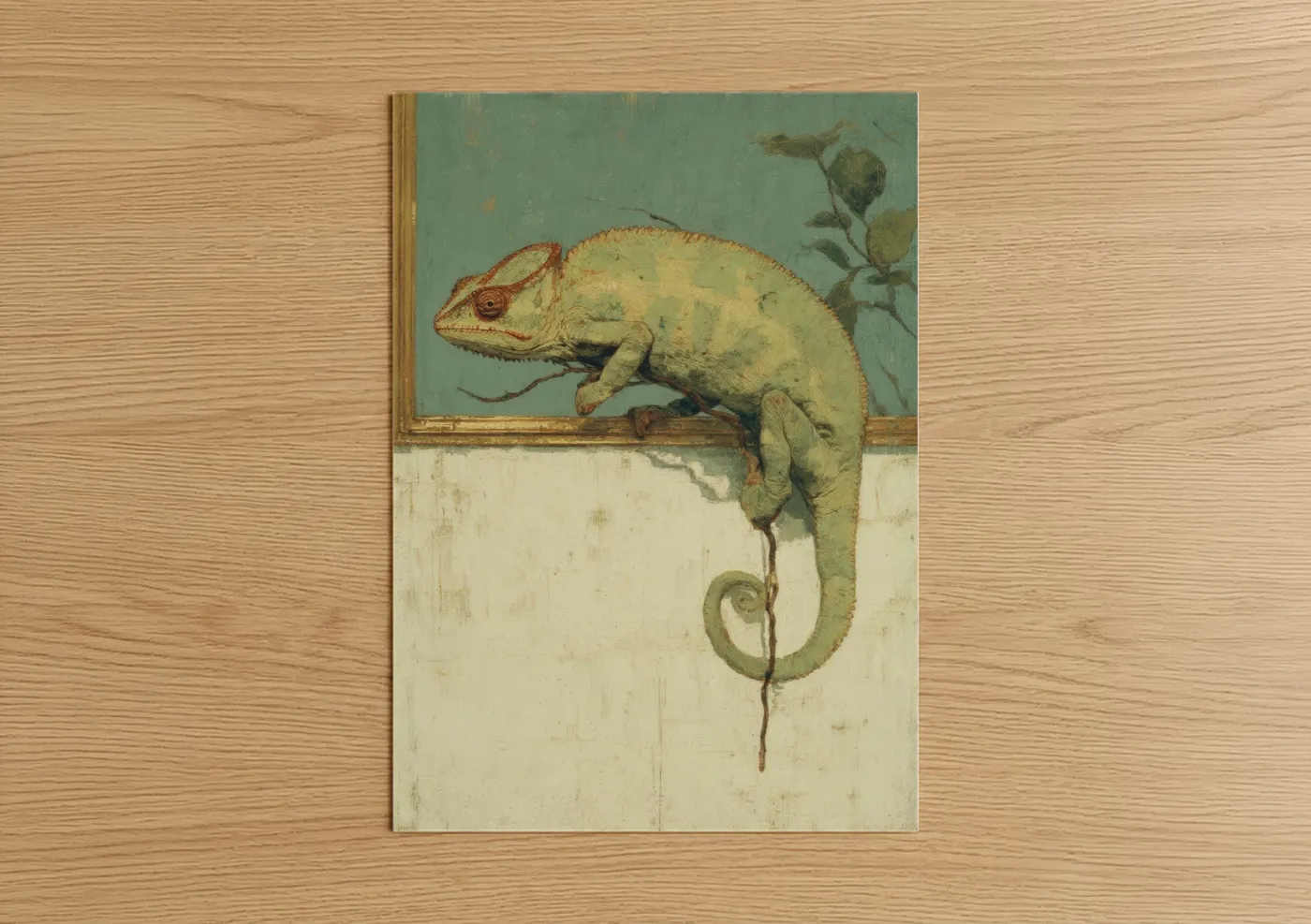Pale Green Chameleon Vintage Illustration Wall Art