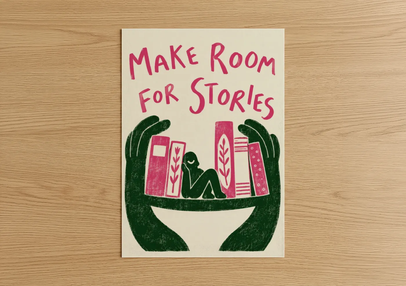 Art print on warm oak wood — pink and dark green palette — Reading Book Lover Minimalist Wall Art poster