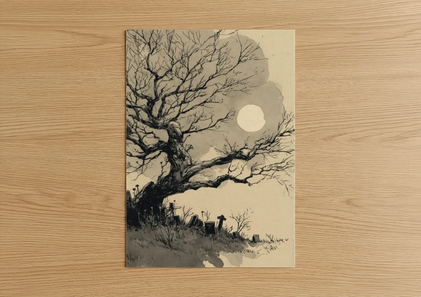 Linden tree art print on warm oak wood — black and cream palette — Moonlit Linden poster