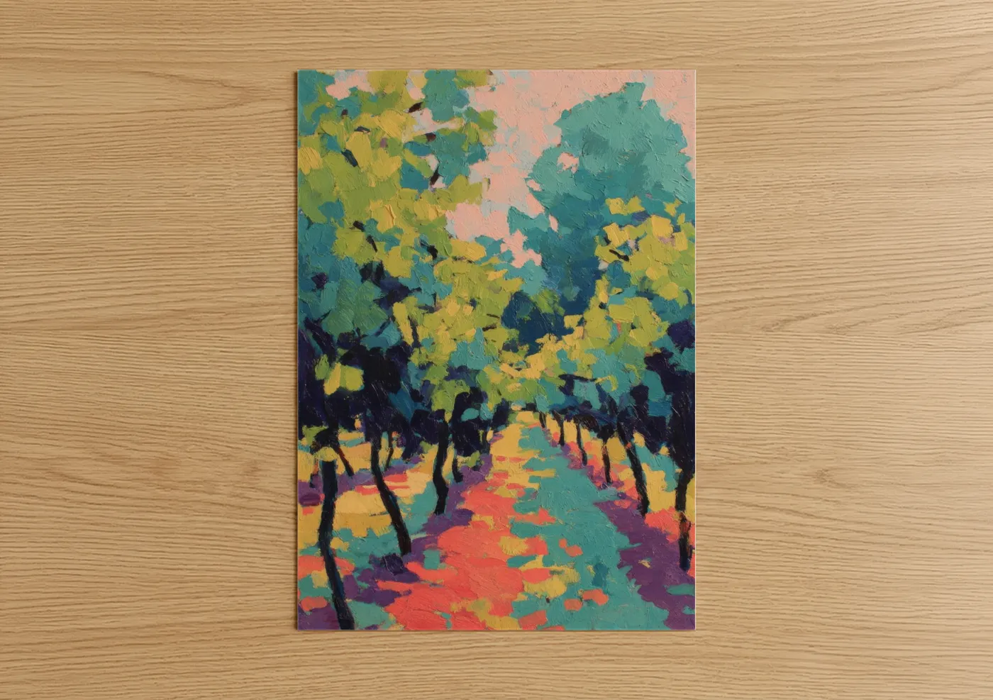 Art print on warm oak wood — gold and teal palette — Sunlit Vineyards poster