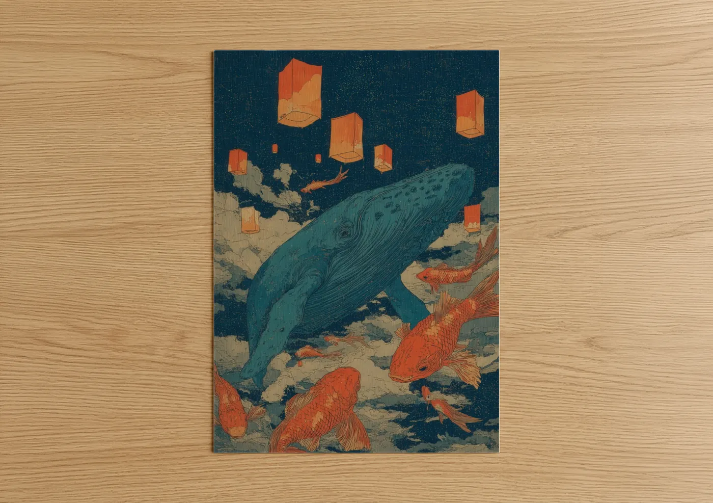 Blue whale art print on warm oak wood — dark blue and orange palette — Celestial Whale Dream poster